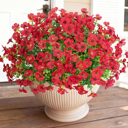 Image of Bassion 16 Bundles Artificial Flowers for Outdoors Fake Flowers, Red | UV resistant, silk flowers, realistic faux plants for outdoor planter, window box porch patio garden home outside decor