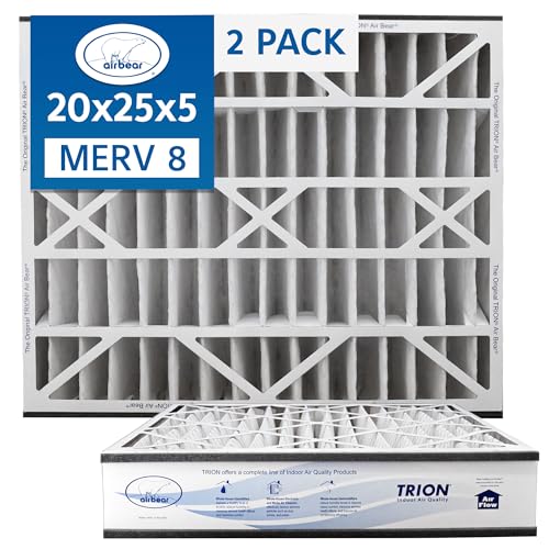 Air Bear 20x25x5 Pleated HVAC Air Filter MERV 8 (2-Pack) (actual size: 19.75 x 24.25 x 4.9 in.) compatible part number 255649-102