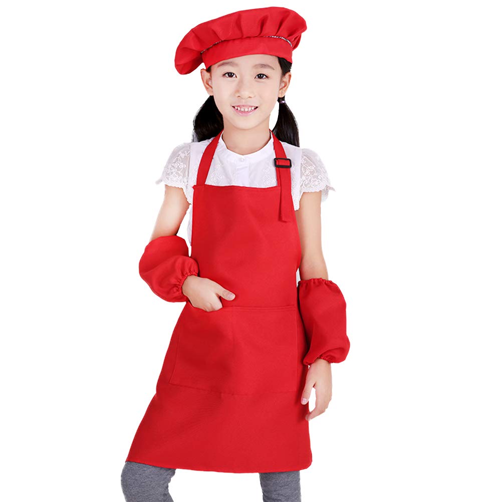 Kids Apron and Chef Hat Set, 6-9 Year Children's Adjustable Bib Aprons with 2 Pockets for Cooking, Baking, Painting