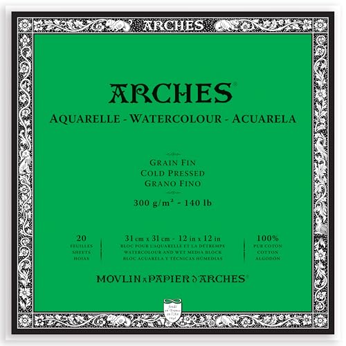 Image of Arches Watercolour Paper Blocks | Cold Pressed Natural White | for Watercolor, Acrylic Painting, Gouache and Poster Color Painting | 300 GSM, 31 x 31 cm- 20 Sheets
