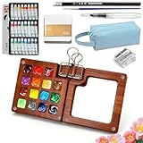 Mini Watercolor Travel Set for Beginners 24 Color Portable Watercolor Paint Set with Walnut Wood Palette Water Brush & Sketchbook Compact Travel Art Supplies for Artists beginner & Painters