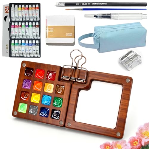 Mini Watercolor Travel Set for Beginners 24 Color Portable Watercolor Paint Set with Walnut Wood Palette Water Brush & Sketchbook Compact Travel Art Supplies for Artists beginner & Painters