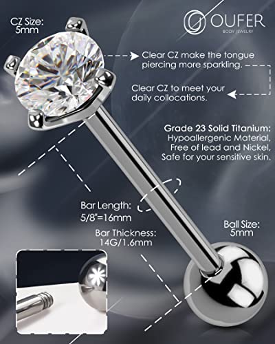 OUFER 14G Tongue Rings - Shiny Clear CZ Tongue Barbells, G23 Solid Titanium Piercing Jewelry, Nickel-Free4