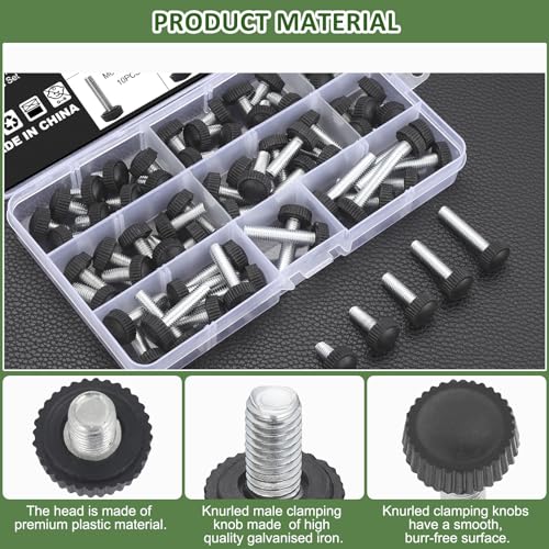 Knpwer 195 Stück 12 Größen Rändelschrauben Set, M4 M5 M6 Carbon Gewinde Rändelschraube, Rändelschraube mit Gewinde,Befestigungsschraube Griffknöpfe,Runder Kopf Rändelschrauben