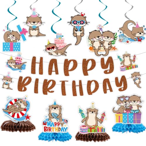 Lovarywow Otter Birthday Party Decorations - 12PCS Sea Otter Party Decorations Happy Birthday Banners Hanging Swirls Honeycomb Centerpieces Under the Sea Ocean Animal Themed Supplies Decor