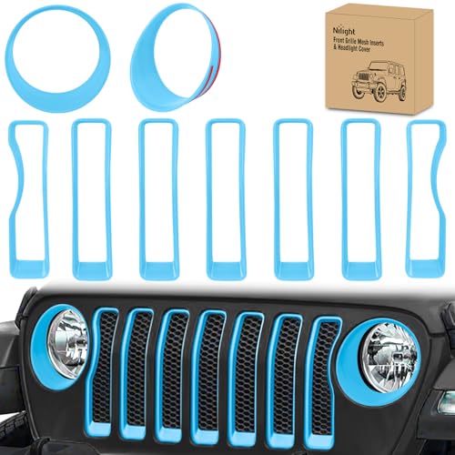 Image of Nilight Grill Inserts fit for Jeep Wrangler Front Grille Inserts Headlight Cover Set for JL JLU Unlimited Sport SportS 2018 2019 2020 2021 2022 2023 Grille Bezels Trim Exterior Accessories Blue 9 Pcs