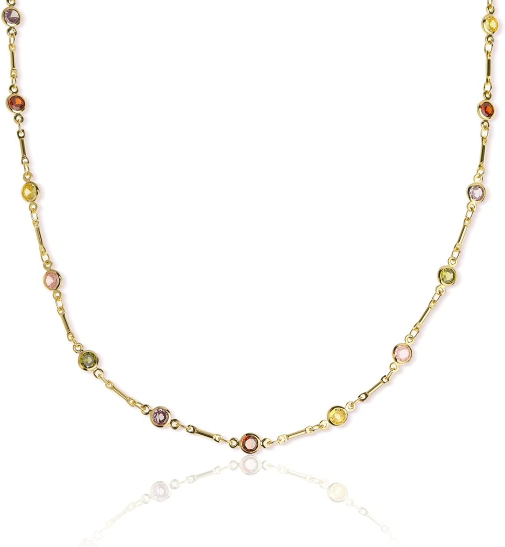 Gold Birthstone Station Necklace for Women - Delicate Simulated Diamond Necklaces Dainty Rainbow Candy Crystal Rhinestone CZ Chian Choker Gifts for Mother