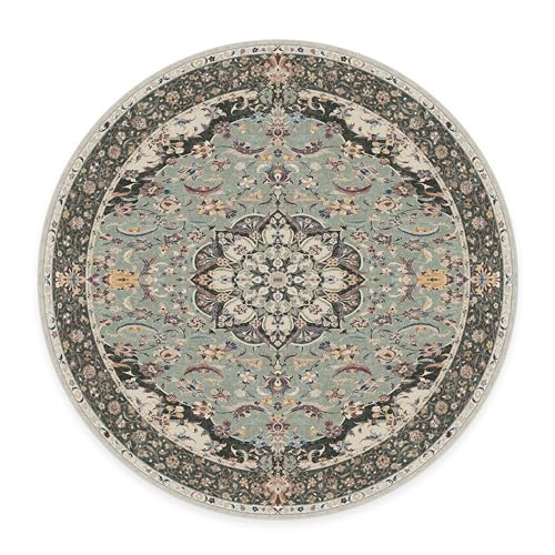 RUGGABLE Washable Vintage Area Rug – Sima Sage 6 ft Round, Stain-Resistant, Non-Slip with Standard Pad – Medium Machine Washable Rugs for Living Room, Bedroom, Hallway, Entryway & Office