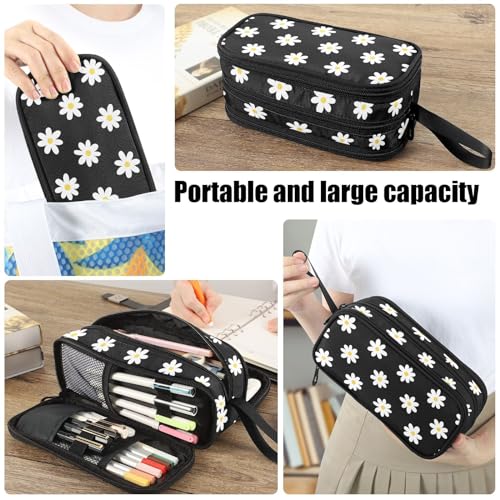 Image of Fustylead Hand Drawn Classic White Daisy Flower Large Pencil Bag Storage Pen Case Makeup Pouch Stationery Bag for School College Office Organizer