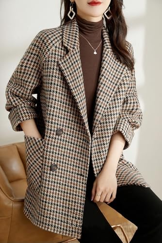 chouyatou Womens Fall Winter Casual Business Plaid Wool Coat Loose Double Breasted Dressy Blazer Pea Coat3
