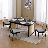 Ya-Home Mid Century Dining Chairs Set of 4, Accent Rattan Side Chairs Linen Fabric Kitchen Chair with Solid Wooden Legs for Living Room Dining Room, Grey