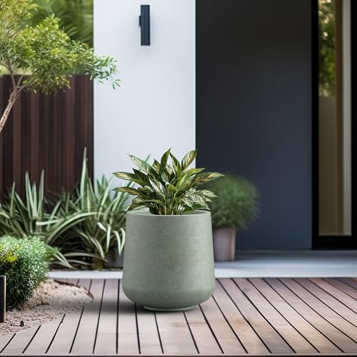 Image of Kante Accent Round Curved Mint Green Concrete Planter 13 inch Dia, Outdoor | Rubber Plug for Indoor, Drainage for Garden, All-Weather Cement Flower Pot, Handcrafted, Anti-Frost & UV, Modern Home Decor