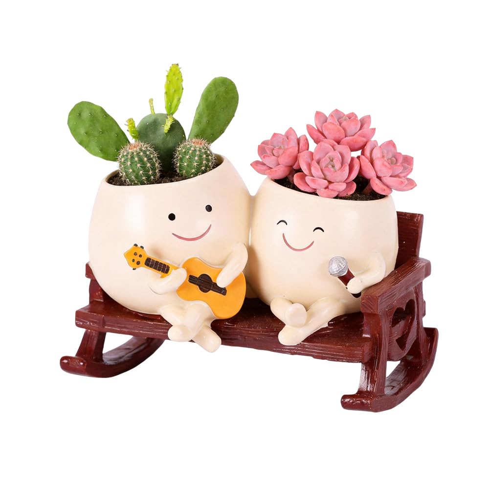 Wxeadu White Smily Face Planter Pot, Rocking Chair Cute Planter With Drainage Hole, Funny Face Planter Pots Head, Resin Flower Head Planter For Indoor Outdoor, Succulent Pot For Home Decor Gift (Performance)