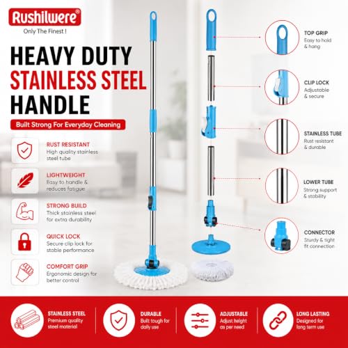 Image of Rushilwere 360 Spin Mop Stick Handle with Microfiber Refill for Bucket Mop | Stainless Steel Rotating Mop Rod Replacement Compatible with Most Spin Buckets | Blue