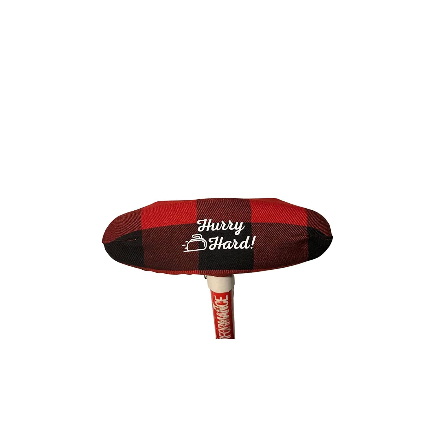 Handmade Curling Broom Cover Red & Black Buffalo Plaid Hurry Hard w. Curling Stone