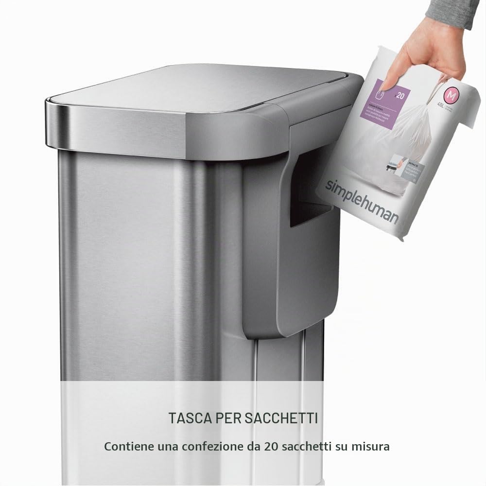 simplehuman CW2023 cestino rettangolare con pedale e porta sacchetti, pattumiera da cucina, acciaio inox spazzolato, 55 L