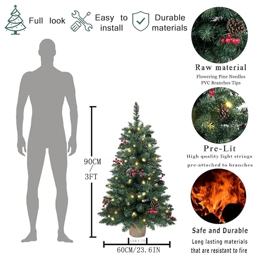 Pre-lit Mini Christmas Tree 90cm/3ft,121 Branches Tips Artificial Pine Xmas Tree with 70 LED Lights & 11 Red Berry & 11 Pinecone Burlap Base Decorate for Tabletop
