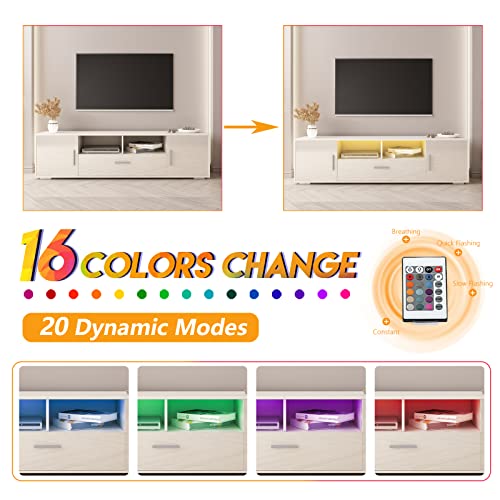 Extougend Modern White Led Tv Stand With Storage And Entertainment Center For 50 55 60 65 70 75 Inch Tvs, High Gloss Wooden Tv Cabinet With Glass Storage Rack For Living Room And Bedroom #TOP1