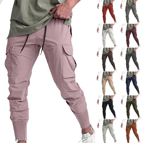 Men's Slim Workout Cargo Pants Drawstring Waist Casual Pant for Training Running Hiking Sweatpants with Multi Pockets
