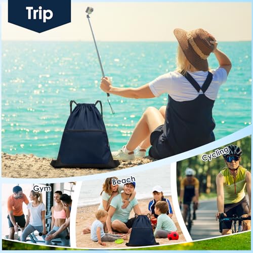 Drawstring Backpack Sports Gym Sackpack for Men Women,Patchwork Color Waterproof Drawstring Bag,Cinch Bag with 2 Zipper Pockets,String Backpack for Beach Basketball Football,Navy blue L3