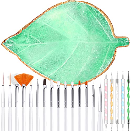 21 Pieces Nail Art Tools Kit, Resin Nail Art Palette Leaf Shape Mixing Palette and 20 Pcs Detail Brushes with Golden Edge Resin Holder Gel Polish Colors Mixing Pallet