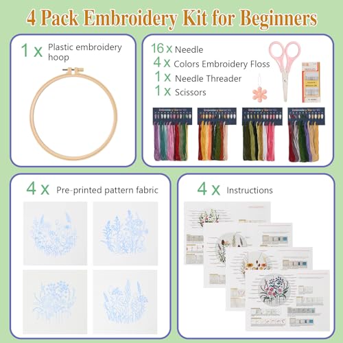 Image of Dremisland 4 Sets Embroidery Kit for Beginners Cross Stitch Kits for Adults with Cute Flowers and Plants Patterns Beginner Embroidery Kit for Adults Follow Instruction Video