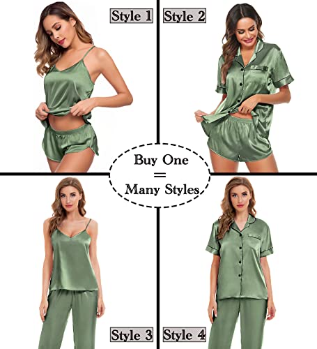 Image of SWOMOG Womens Silk Satin Pajamas Sets 4pcs Sleepwear Sexy Cami Shorts Set and Button Down Short Sleeve Pjs Loungewear Matcha Small