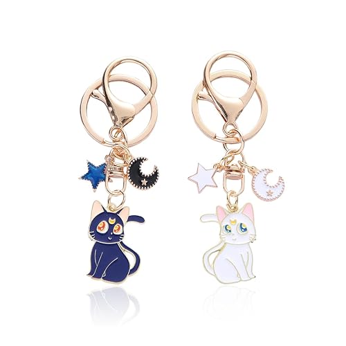 WeddHuis Schlüsselanhänger Niedlich Magie Katze Cartoon Pentagramm für Tasche Handy Auto Männer Teenager Mädchen Katzenliebhaber (Weiße, Blaue)