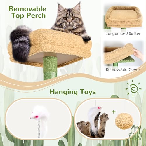 Image of Globlazer Cactus Sturdy Cat Tree for Indoor Cats 20 lbs, S68, Green | 68-inch Large Cat Tower for Adult Big Cats, Heavy Duty Cat Tree with Extra Large Platform, 5 Scratching Post