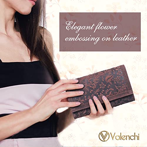 Valenchi Women's Rfid Flower Embossed Leather Wallet -Multi Credit Card Slots,Mobile Case Coin Purse With Id Window(Vintage Brown) #TOP2