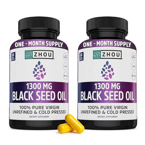 ZHOU Black Seed Oil Capsules - Black Cumin Seed Oil Cold Pressed, Nigella Sativa, Pure Unrefined Blackseed, Premium Supplement for Health, Hair & Skin w/Thymoquinone - 60 Capsules (Pack of 2)