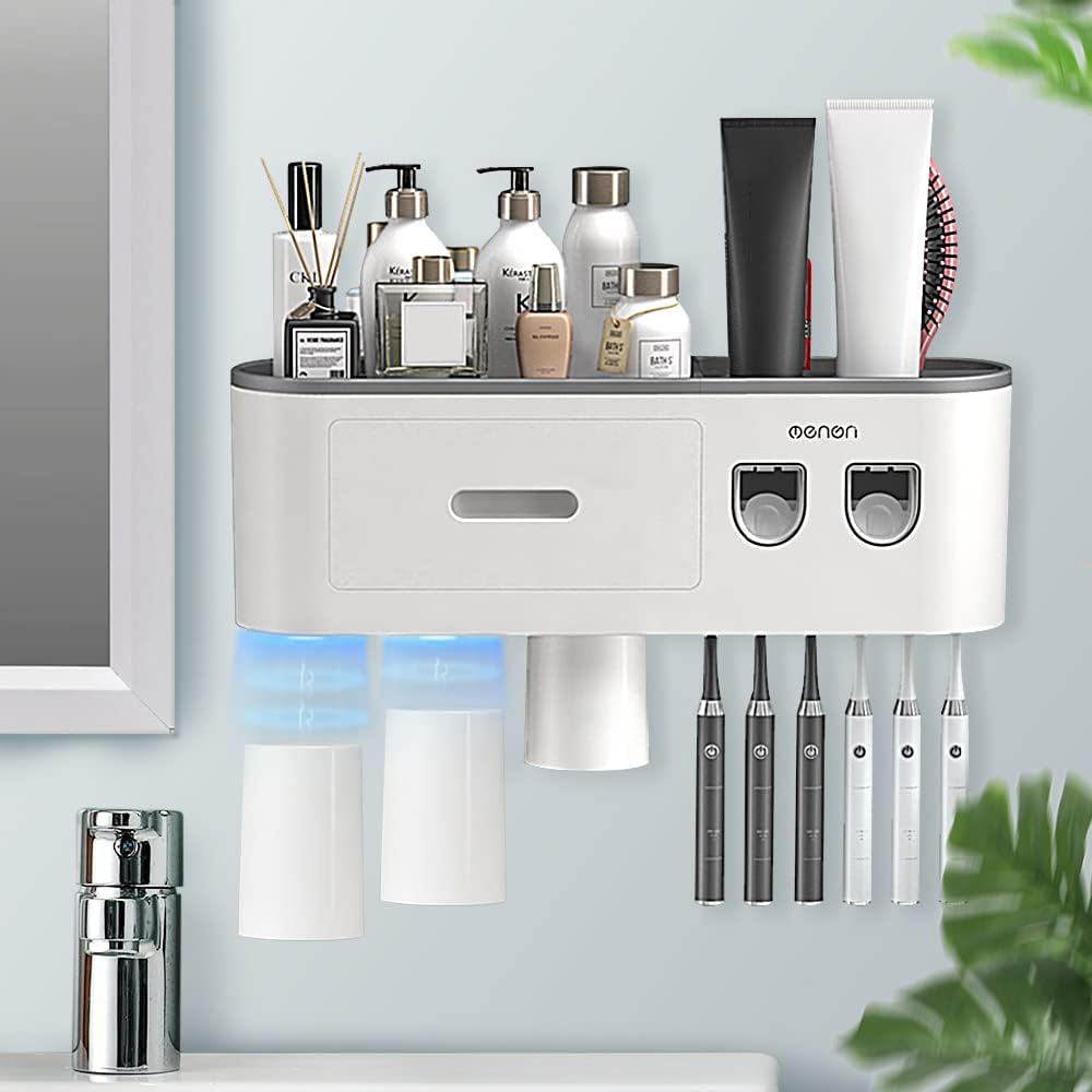 Toothbrush Holders Wall Mounted, Toothbrush Holder with Double Automatic Toothpaste Dispensers, 6 Brush Slots, 3 Magnetic Cups,1 Cosmetic Drawer Organizer and 1 Large Storage Tray（Grey）