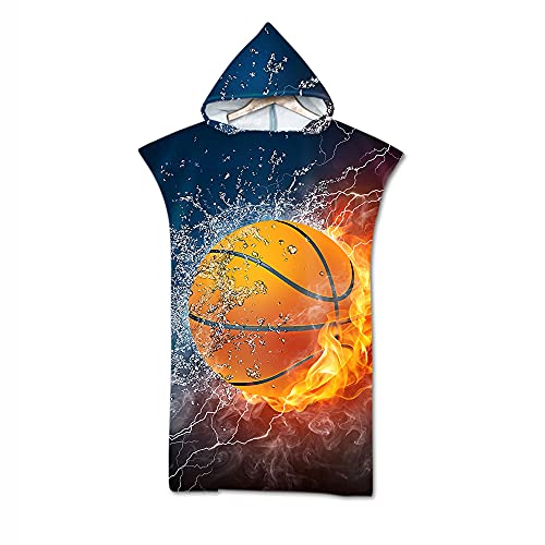 Meiju-shop Peignoir Capuchon Poncho Surf, Mateju Microfibre 3D Impression Sports Bain Robes Nager Serviettes de Plage de pour Unisexe Adulte Enfant (Feu de Basket,75 * 110cm) Cover