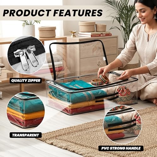 Image of Storite Medium PVC Underbed Storage Bag with Handles, Clear Window & Zipper Lock | Space Saving /Foldable /Rectangular Quilt, Comforter, Blankets,Clothes Storage Bag -Transparent (58x33x15 cm)
