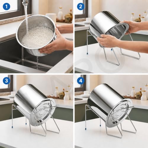 Image of LAPO Stainless Steel Rice Pot Drainer Stand for Kitchen, Hands-Free Drain Stand for Cooked Rice, Noodles, Beans, Fruits & Vegetables, Strong Tabletop Kitchen Strainer Rack-Chrome