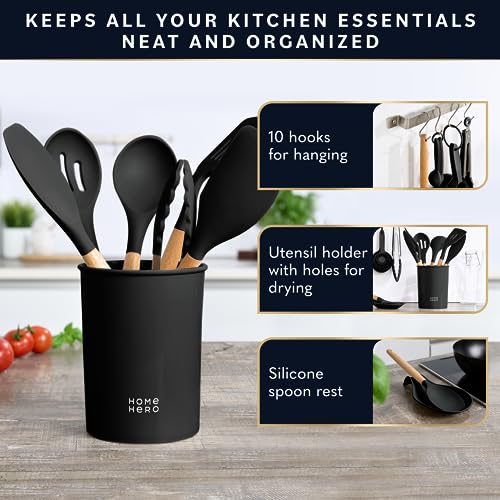 Image of Home Hero 33 Pcs Black Silicone Kitchen Cooking Utensils Set, Non-Stick Silicone Cooking Kitchen Utensils Spatula Set with Holder