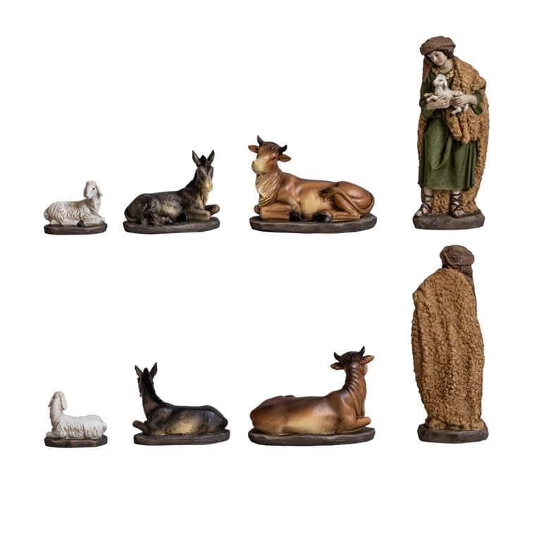 Misterio Nacimiento de 11 Piezas Clasico con Reyes, Angel, Pastor y Animales de Resina Pintado a Mano 20 cm Alto