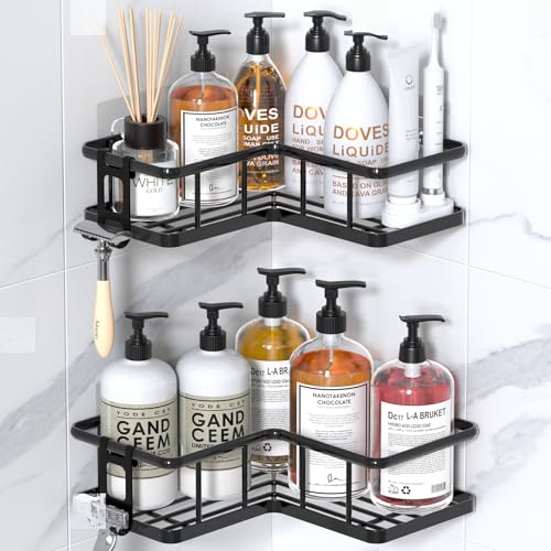 YASONIC Corner Shower Caddy Adhesive 100% Rustproof Shower Organizer No Drill Shower Shelf for Inside Shower Wall-Mounted Shower Storage for Homes (2 Pack Black)