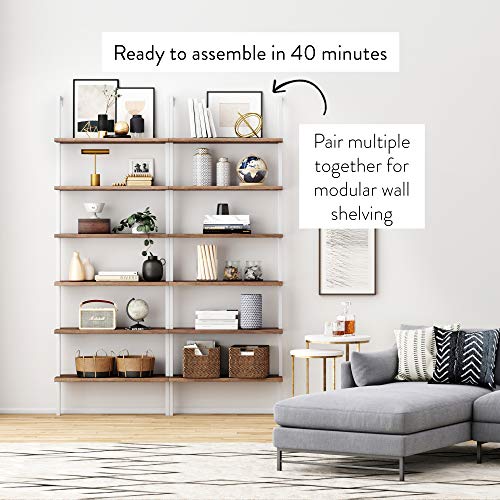Nathan James Theo 6-Shelf Tall Bookcase, Wall Mount Bookshelf With Natural Wood Finish And Industrial Metal Frame, Rustic Oak/White #TOP6