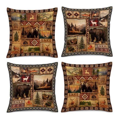 HIKENVIU Vintage Rustic Lodge Bear Pillow Covers 18x18 Inch Set