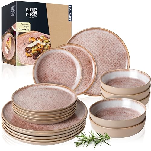 Moritz & Moritz TERRA Vajilla de 18 Piezas para 6 Personas - Juego de Platos en Rosa Suave de Porcelana - Vajilla con Compuesta por 6 Platos llanos, 6 Platos de Postre y 6 Cuencos
