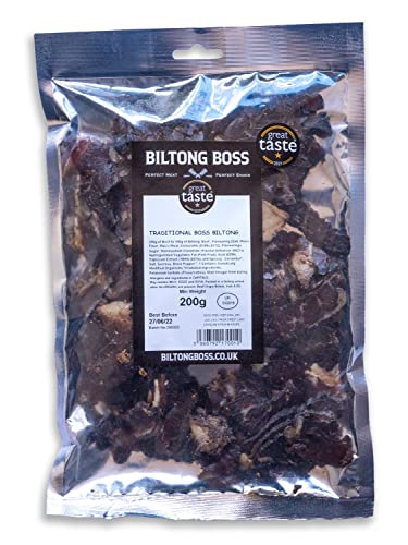 Biltong Boss Traditional Boss Beef, Premium Authentic Beef, High Protein Ready To Eat Healthy Snack, Suitable For Gluten-Free, Paleo, Keto, Atkins Diets & Post-Workout, Low Sugar & Carbohydrates, 200g