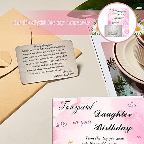 Dianelhall Engraved Wallet Insert Card and Floral Daughter Birthday Cards with Envelope Inspirational Decors from Mum Dad Graduation Ornaments for Daughter, Proud of