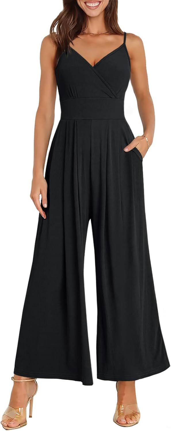 ANRABESS Jumpsuits for Women 2026 Summer Dressy Spaghetti Strap Ribbed V Neck Wide Leg Overalls Flowy Romper Jumpers Outfits