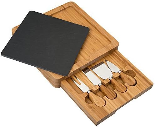 Slate and Wood Cheese Board Set, Includes Cheese Tools, Chalk, Removeable Slate Cheeseboard Platter Tray for Easy Cleaning & Retractable Storage [9.5" x 9.5"]