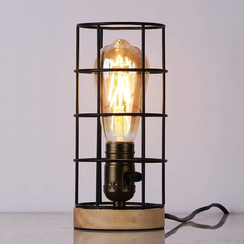 BarcelonaLED Lámpara de Mesa de Madera Natural Vintage Industrial con Jaula Negra Portalámparas E27 para Salón Dormitorio Mesita de Noche
