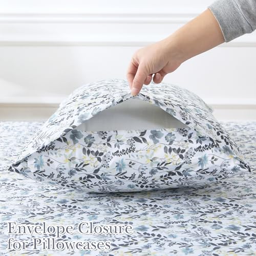 Image of Mooreeke Cozy Vintage Microfiber Printed King Sheet Set - Soft Breathable Percale Cotton Floral Bed Sheets with Deep Pocket - Non-Slip Fitted Design - Yellow Blue Gray Gradient Flowers Pattern