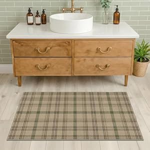 JTJ 2x4 Runner Rug for Bathroom - Small Entry Runner Indoor Door Mat, Non Slip Farmhouse Decor for Kitchen Floor Non Slip Washable, Easy Jute Sage Plaid Decor 2' x 4' (Rectangular) Beige Sag