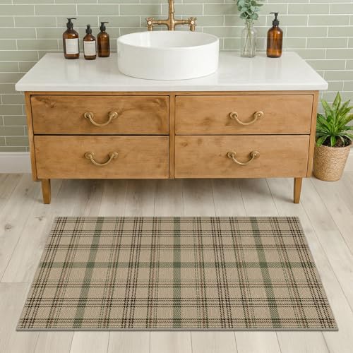 JTJ 2x4 Runner Rug for Bathroom - Small Entry Runner Indoor Door Mat, Non Slip Farmhouse Decor for Kitchen Floor Non Slip Washable, Easy Jute Sage Plaid Decor 2' x 4' (Rectangular) Beige Sag