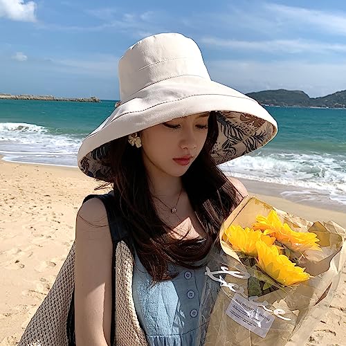 Image of HUAMULAN Women Sun Hat Summer Bucket Beach Boonie Cotton Cap Wide Brim UPF 50